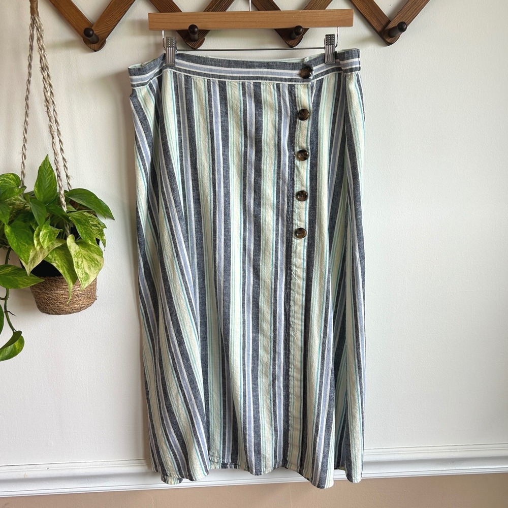 Christopher & Banks Blue Striped Linen Blend Button Front Midi Skirt Large‎